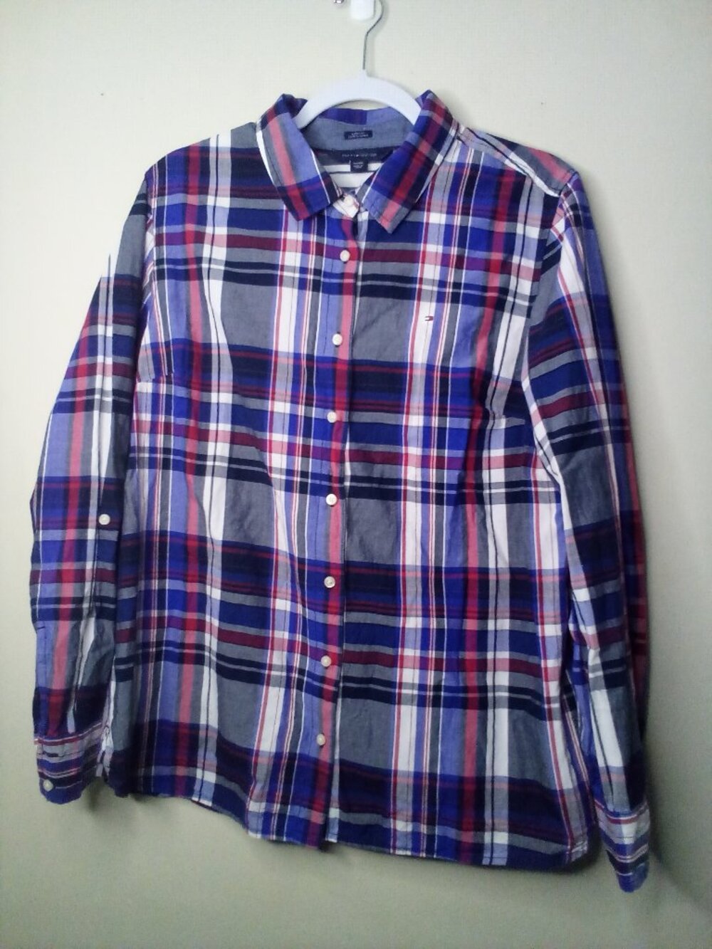 Tommy Hilfiger Shirt Men XL Button Up Long Sleeve Plaid Blue Red